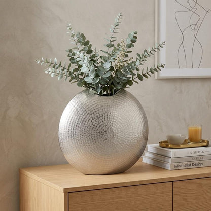 14" Silver Hammered Round Aluminum Table Vase
