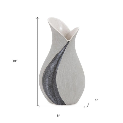 10" Gray and Off White Tulip Ceramic Table Vase With Sequins