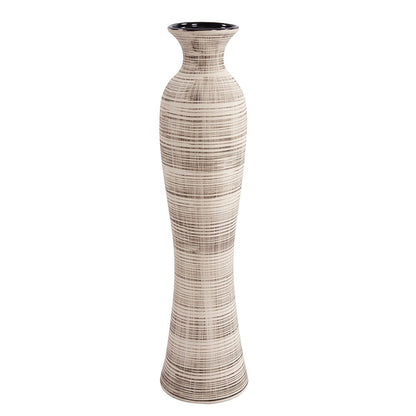 31" Beige And Brown Striped Bud Ceramic Floor Vase