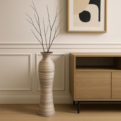 31" Beige And Brown Striped Bud Ceramic Floor Vase