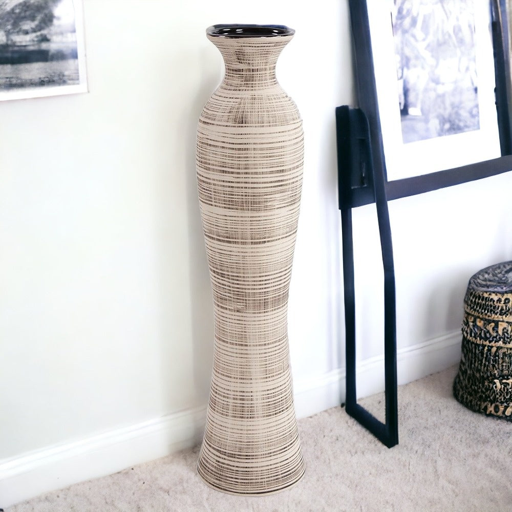 31" Ceramic Brown and Beige Striped Bud Floor Vase