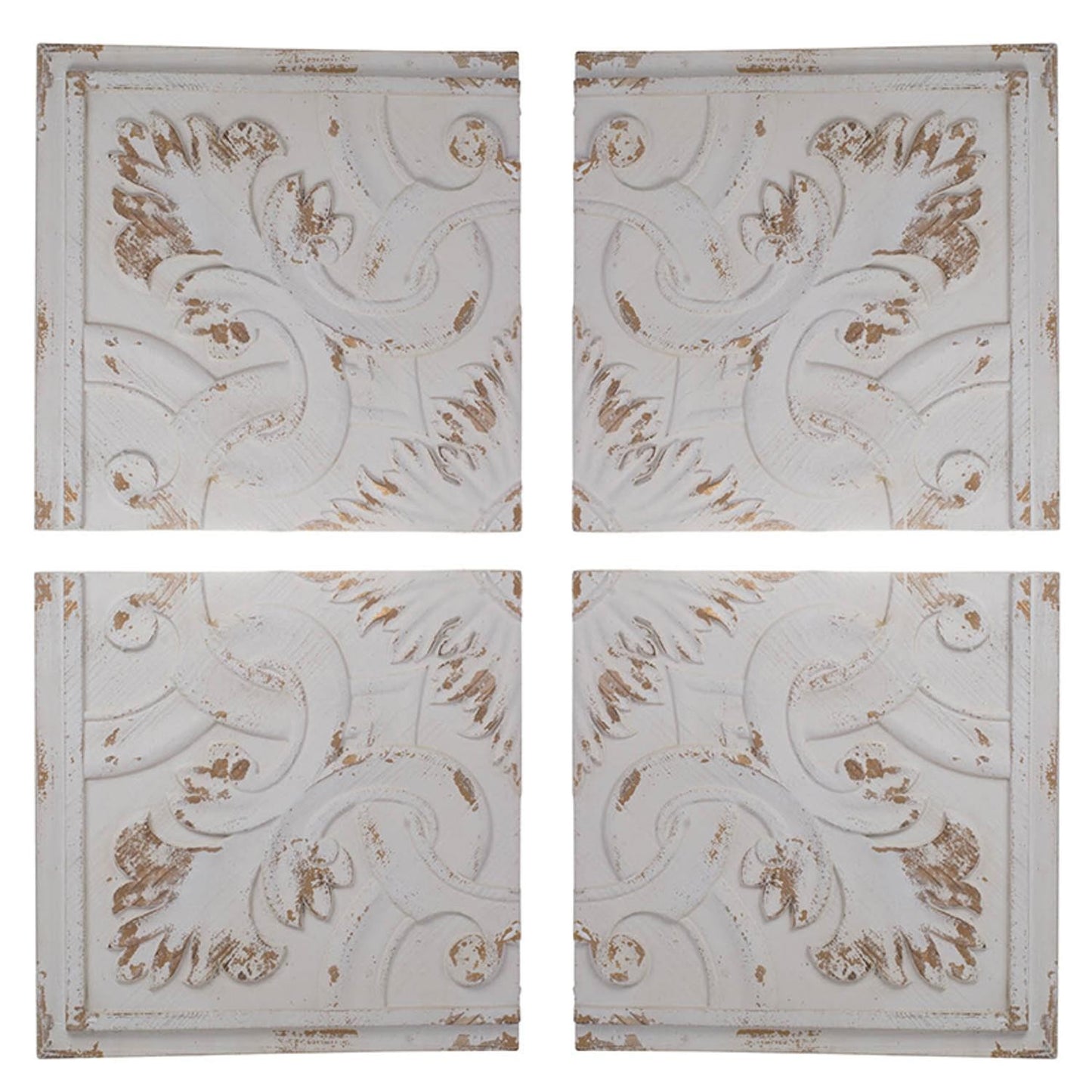 Set of 4 Whitewashed Arabesque Carved Wall Art