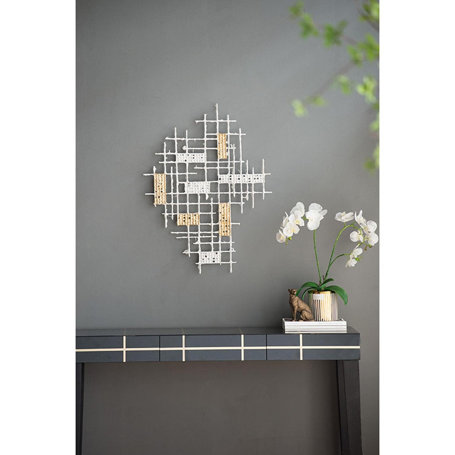 Contemporary White and Gold Geo Grid Wall Art