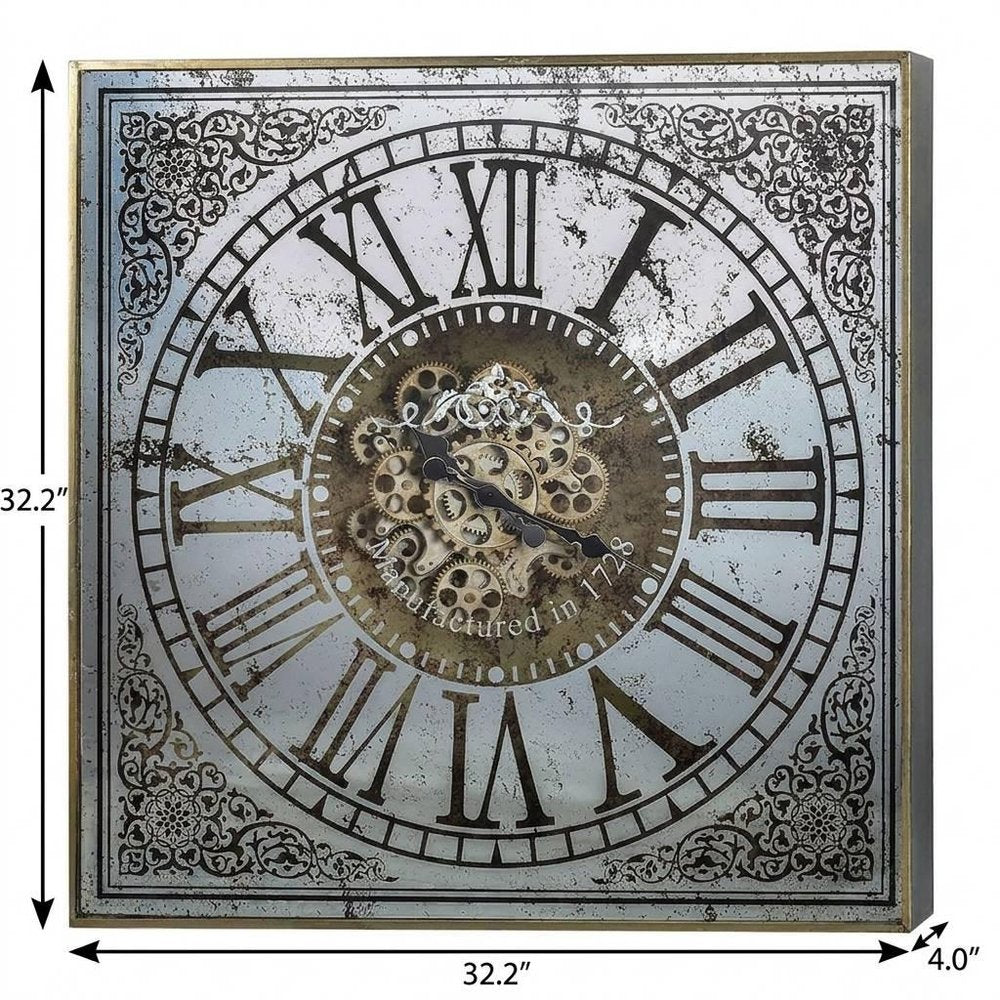 32" Gold And Silver Metal Analog Distressed Square Wall Clock
