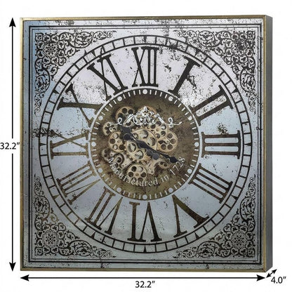 32" Gold And Silver Metal Analog Distressed Square Wall Clock