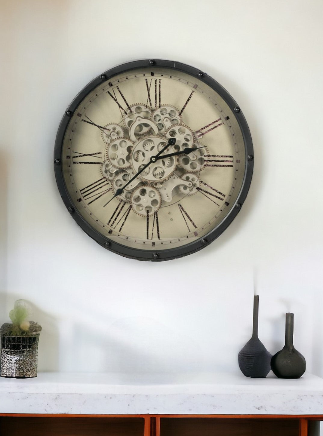 18" Black and Ivory Vintage Gear Industrial Wall Clock