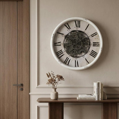 20" White And Black Iron Analog Distressed Round Wall Clock