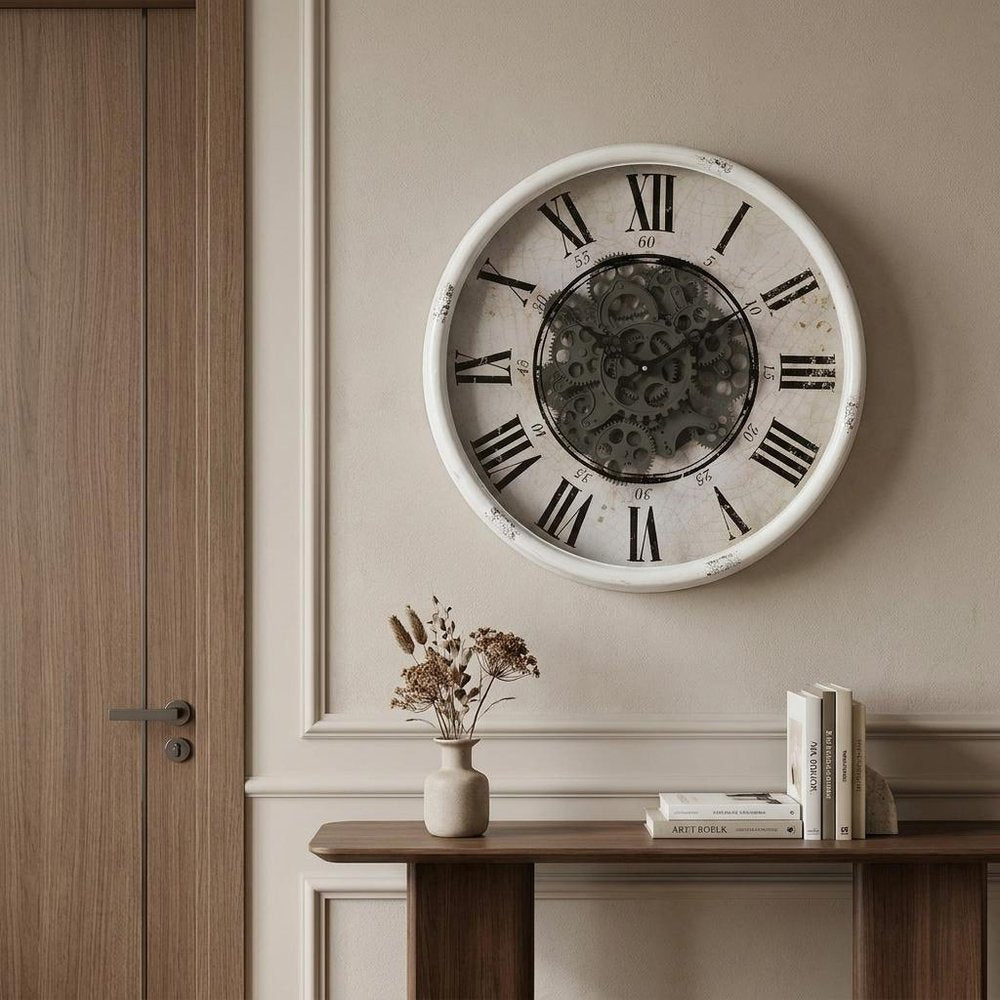 20" White And Black Iron Analog Distressed Round Wall Clock