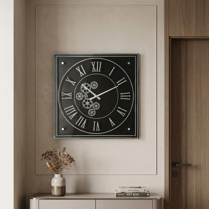 24" Black and Silver Vintage Style Gears Square Wall Clock