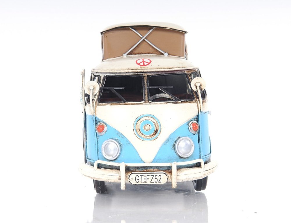 6" Blue And White Metal Volkswagen Bus Sculpture