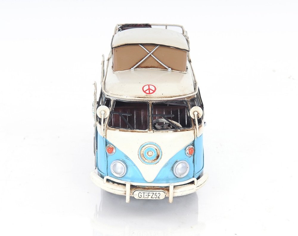 6" Blue And White Metal Volkswagen Bus Sculpture