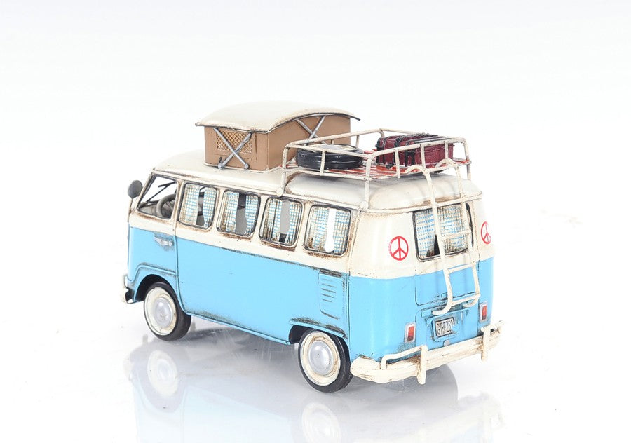 6" Blue And White Metal Volkswagen Bus Sculpture