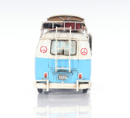 6" Blue And White Metal Volkswagen Bus Sculpture