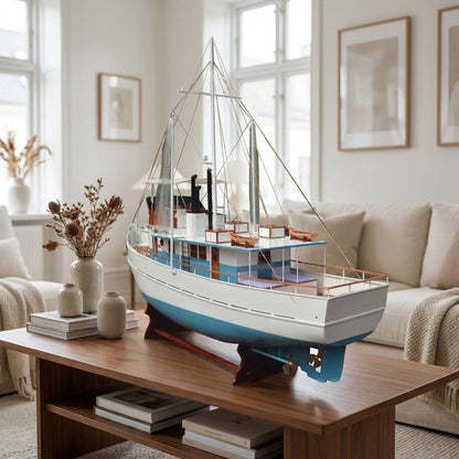 110" Blue And White Solid Wood Hand Painted Model Boat