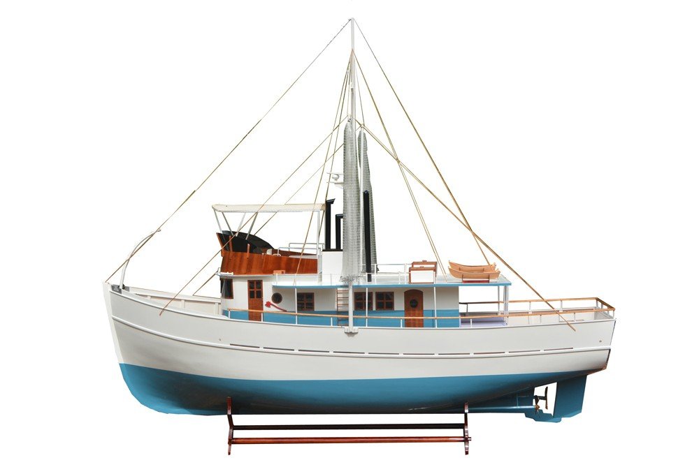 110" Blue And White Solid Wood Hand Painted Model Boat