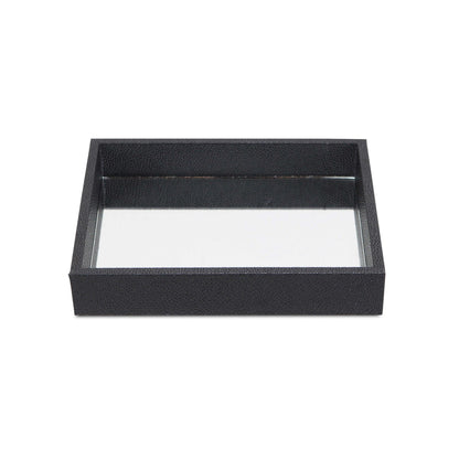 10" Black Faux Shagreen And Mirrored Glass Tray