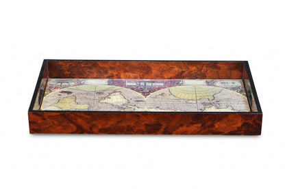 World Map Vintage Burlwood Serving Tray