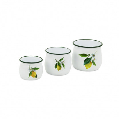 Set of 3 Lemon White Enamel Metal Canisters