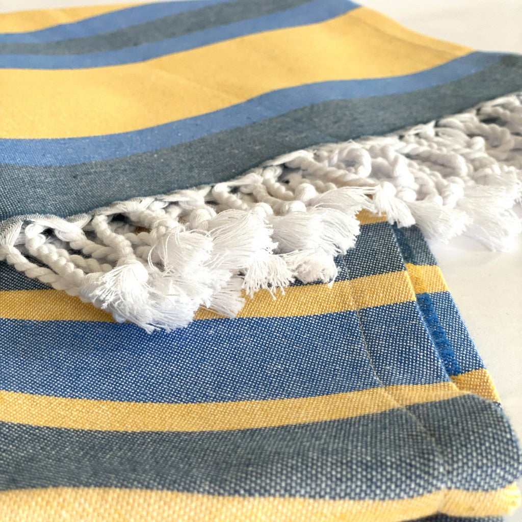 Denim Blue and Yellow Striped Turkish Towel Beach Blanket