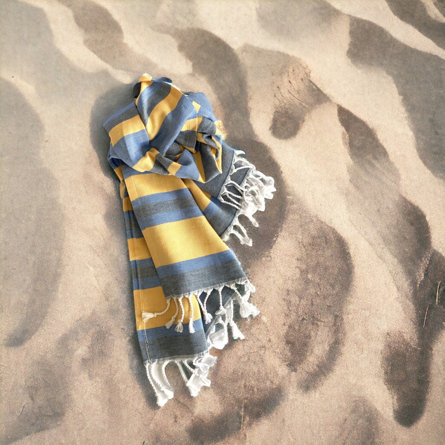 Denim Blue and Yellow Striped Turkish Towel Beach Blanket