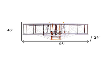 24" Brown and White Solid Wood Hand Painted Model Airplane Tabletop Sculpture