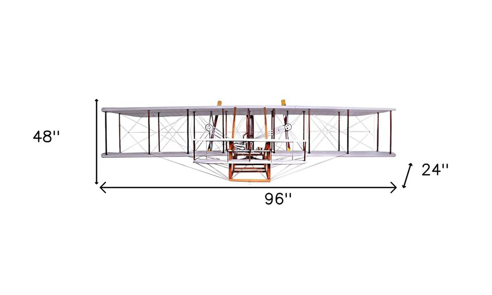 24" Brown and White Solid Wood Hand Painted Model Airplane Tabletop Sculpture