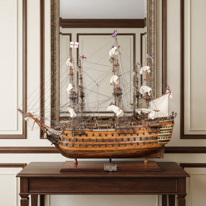 27" Wood Brown Solid Wood Hand Painted Model Boat Tabletop Sculpture