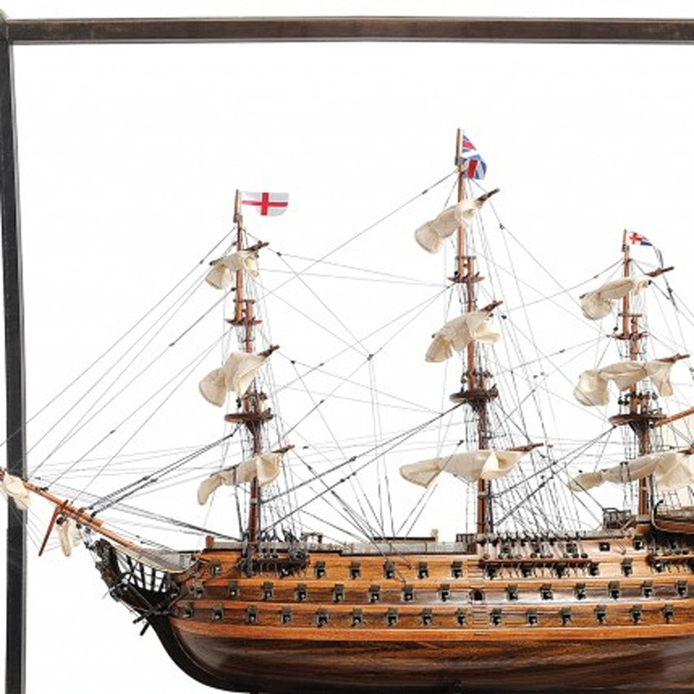 30" Wood Brown Solid Wood Hand Painted HMS Victory Medium Open Front Display Case Model Boat