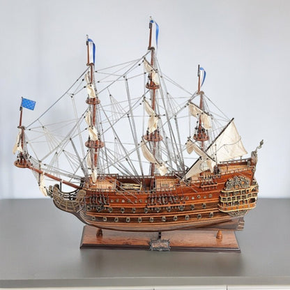 27" Brown Solid Wood Hand Painted Boat Model Boat