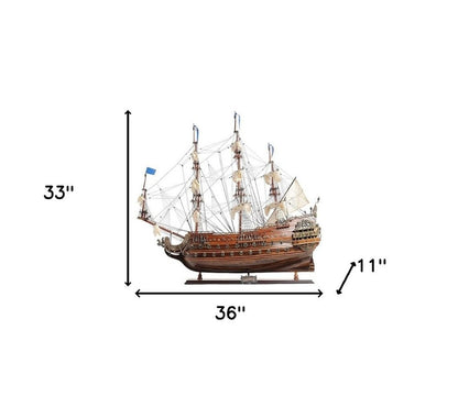 33" Brown Solid Wood Hand Painted Boat Model Boat