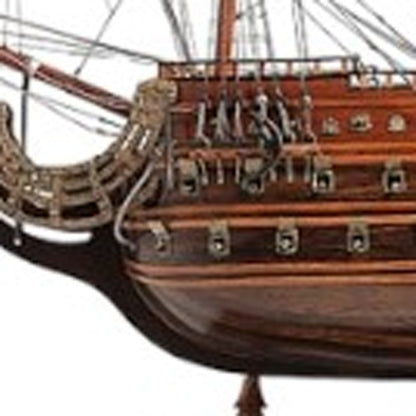 33" Brown Solid Wood Hand Painted Boat Model Boat