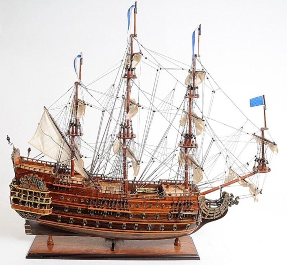 33" Brown Solid Wood Hand Painted Boat Model Boat