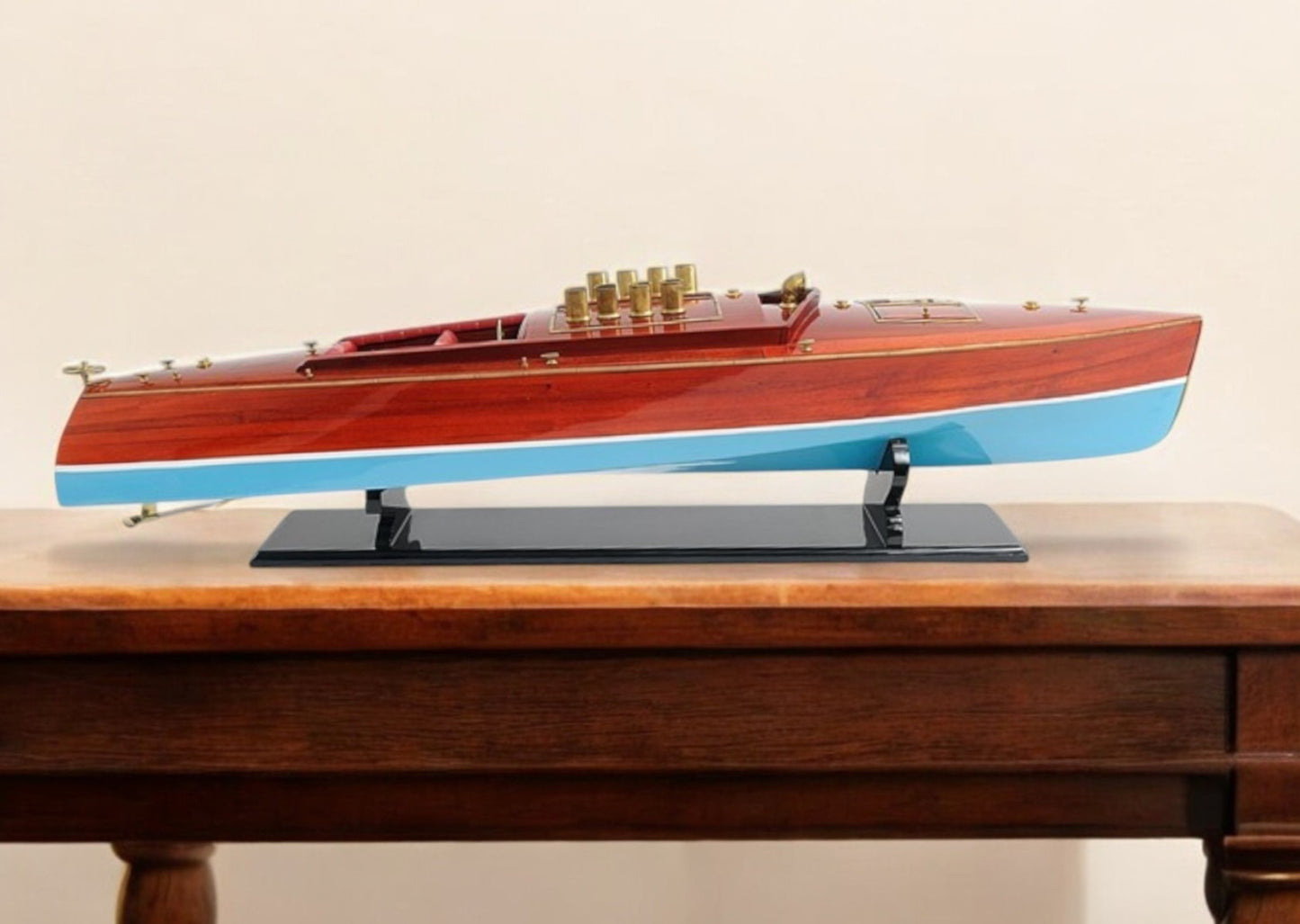 9" Blue and Brown Solid Wood Hand Painted Model Boat Tabletop Sculpture