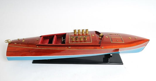 9" Blue and Brown Solid Wood Hand Painted Model Boat Tabletop Sculpture