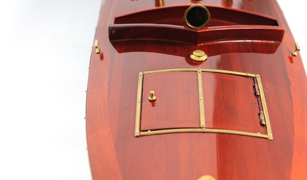 9" Blue and Brown Solid Wood Hand Painted Model Boat Tabletop Sculpture