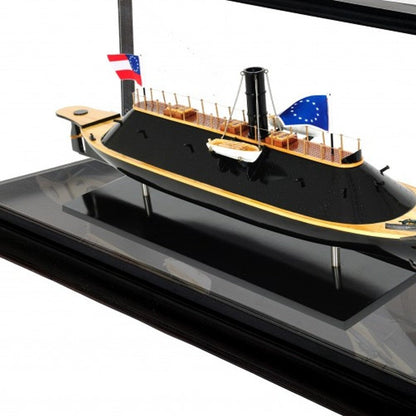 16" Brown and Black Solid Wood Hand Painted CSS Virginia Display Case Model Boat