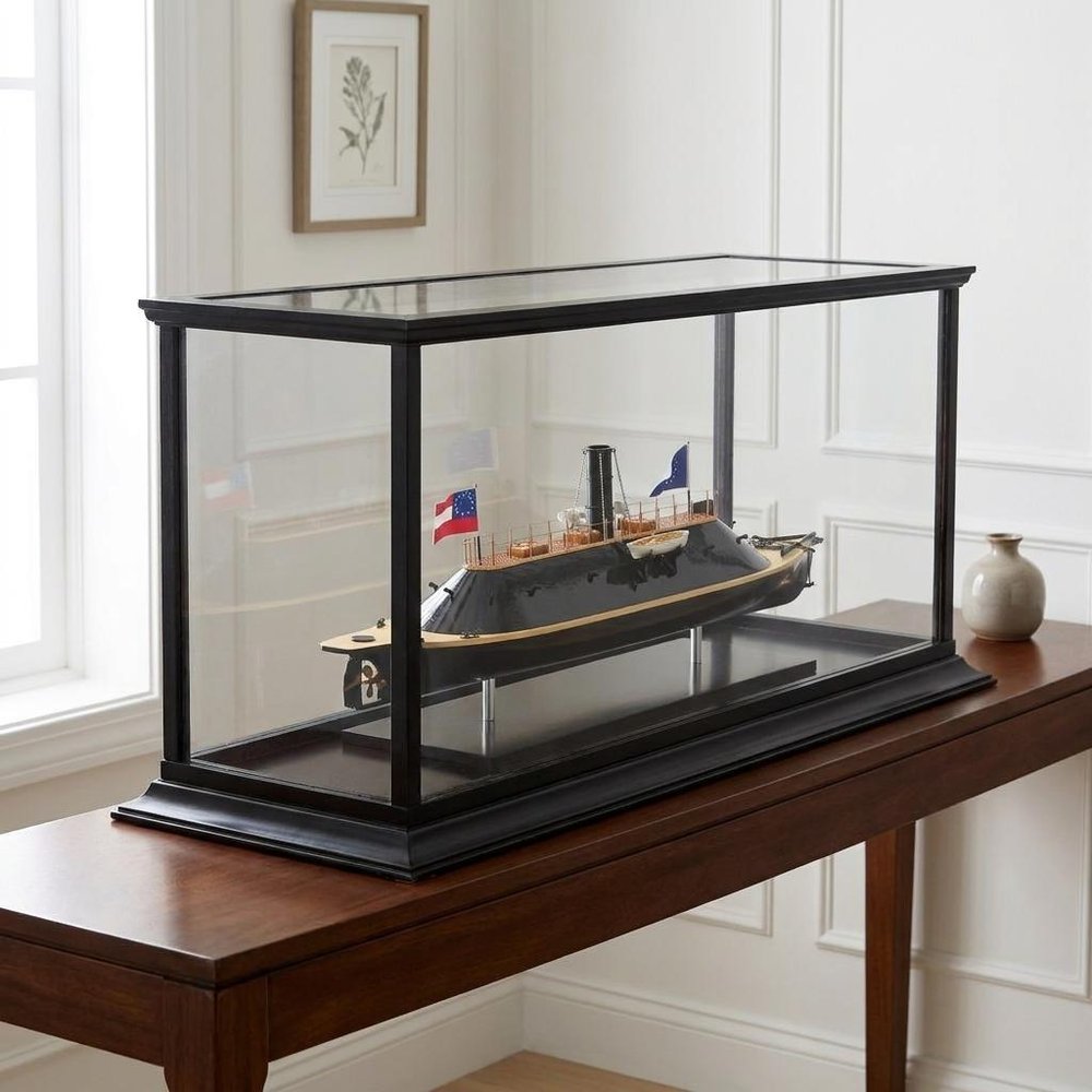 16" Brown and Black Solid Wood Hand Painted CSS Virginia Display Case Model Boat