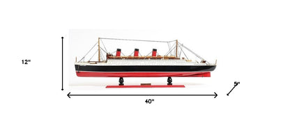 12" Black and Red Solid Wood Hand Painted RMS Queen Mary Large Model Boat