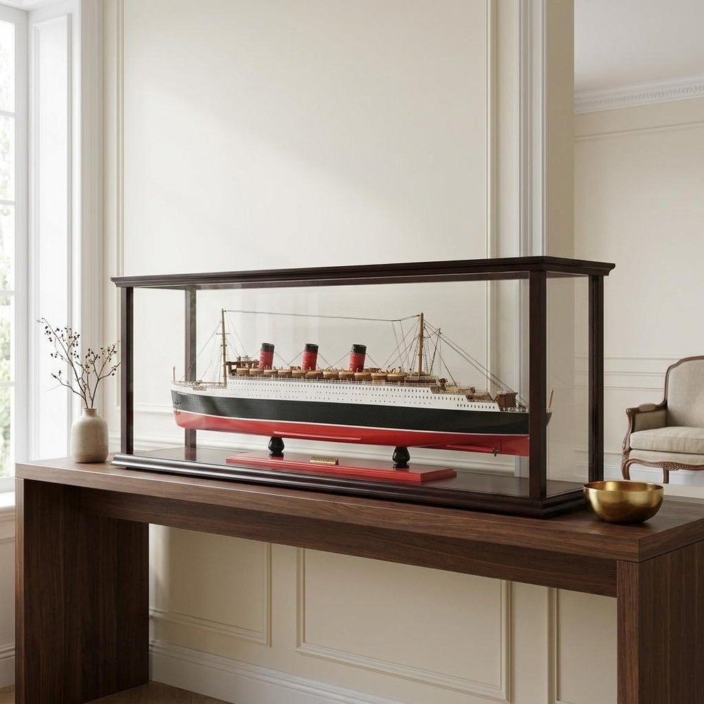 15" Black And Red Solid Wood Hand Painted Boat Model Boat