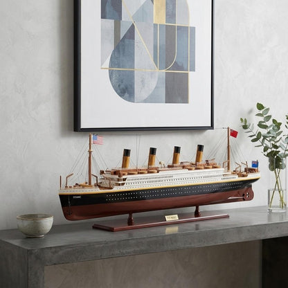 14" Black And Red Solid Wood Hand Painted Boat Model Boat