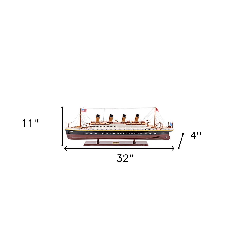 11" Black And Red Solid Wood Hand Painted Boat Model Boat