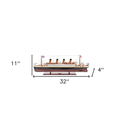11" Black And Red Solid Wood Hand Painted Boat Model Boat