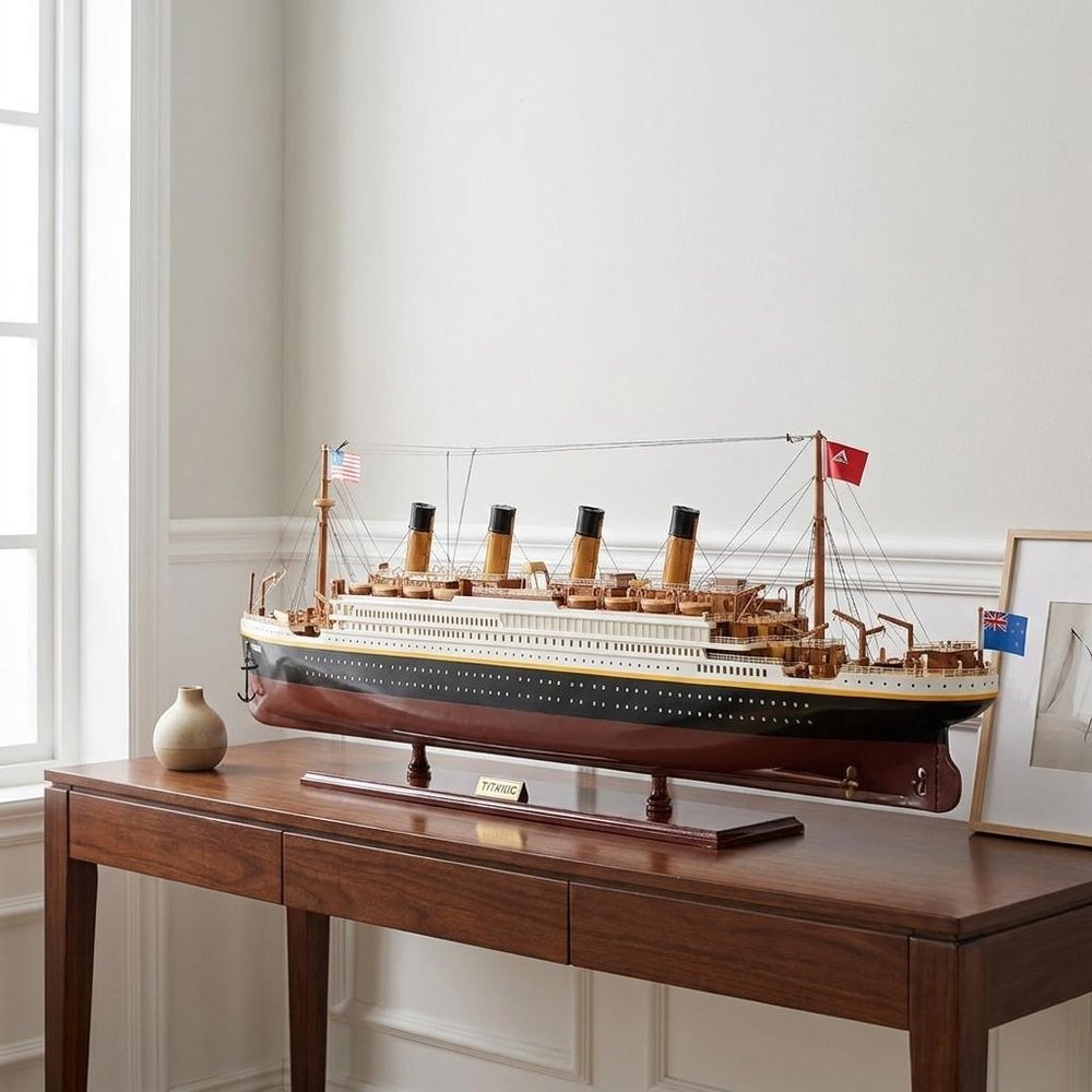 11" Black And Red Solid Wood Hand Painted Boat Model Boat