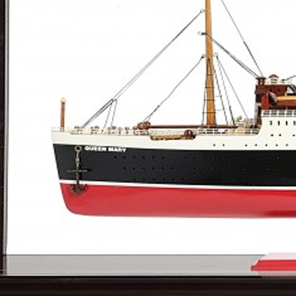 16" Black and Red Solid Wood Hand Painted RMS Queen Mary Medium Display Case Model Boat
