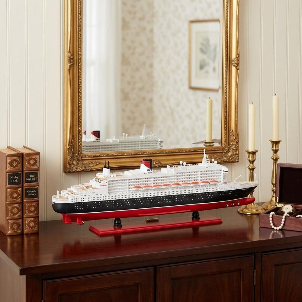 13" Black and Red RMS Queen Mary II Large Boat Hand Painted Decorative Boat