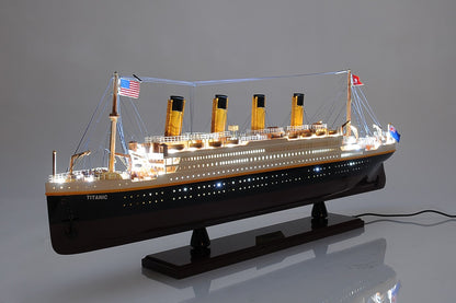 13" Black and White Solid Wood Hand Painted 1912 RMS Titanic Lights Model Boat