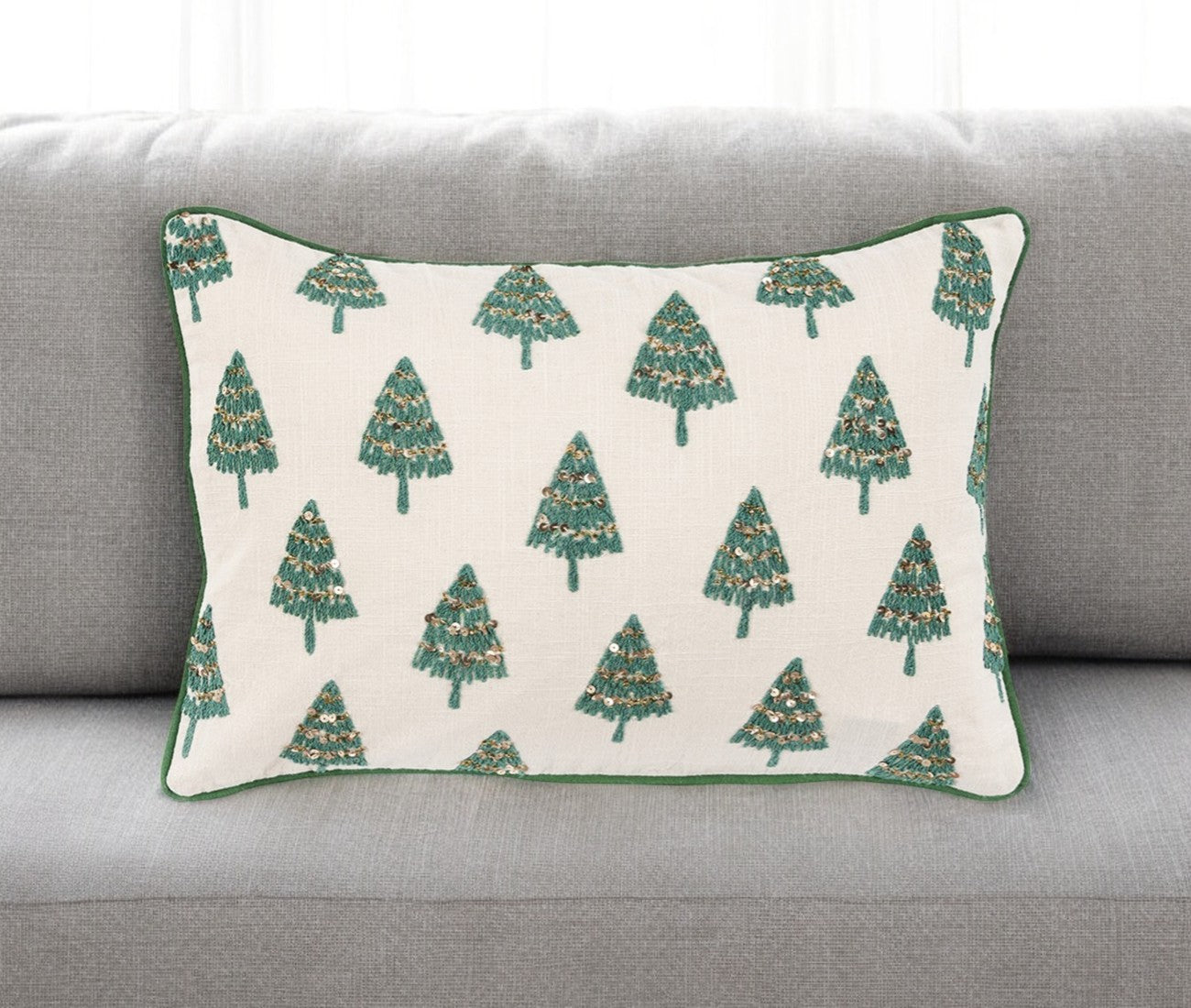 Ivory and Green Modern Christmas Tree Lumbar Throw Pillow