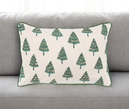 Ivory and Green Modern Christmas Tree Lumbar Throw Pillow