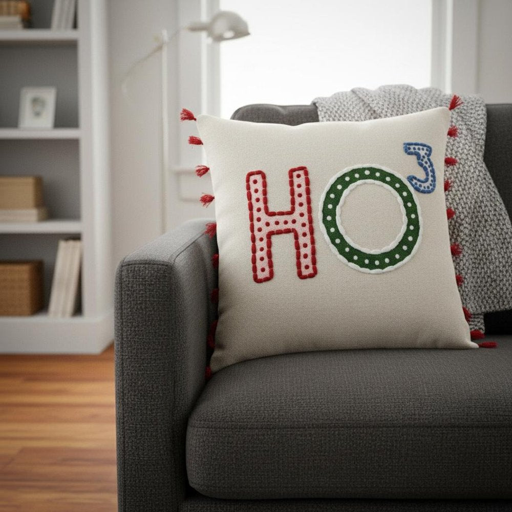 Beige Red Holiday Whimsical Throw Pillow