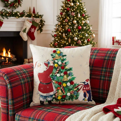 Ivory Vintage Santa and Penguin Christmas Throw Pillow